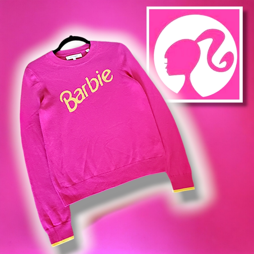 NWOT Chinti & Parker X Barbie Fuschia Pink Wool Cashmere Pullover Logo Sweater S